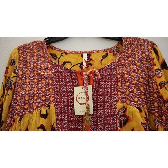 Raga R3872 Women's Sz 2 Mustard V-Neck Crinkle Woven Boho Babydoll Top - Picture 3 of 9